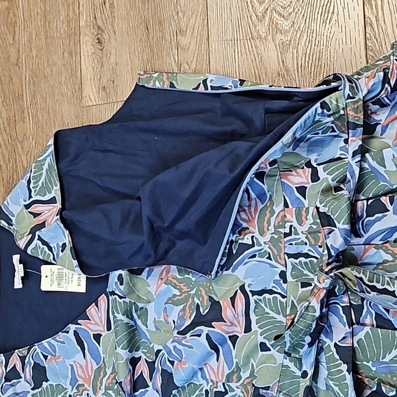 NWT LL Bean Signature 100% Cotton Poplin Blue Tropical Print V Neck Dress - Picture 7 of 16